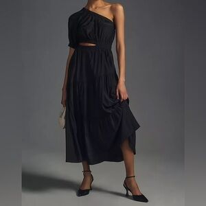 Anthropologie moon river black one shoulder tiered cutout midi dress size S